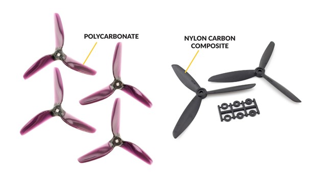 Different propeller materials, polycarbonate and nylon carbon composite as an example